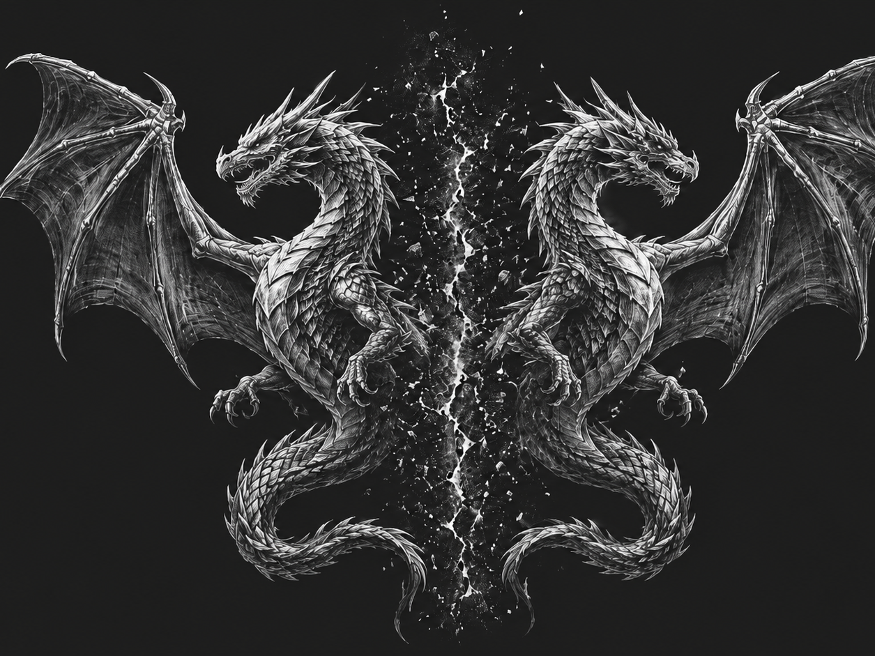 A detailed black and white illustration of two dragons with outstretched wings, facing each other against a dark background, with a crack and sparks in the center.